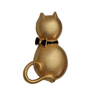 LIA Matte Gold Tone Black Enamel Cat Brooch Pin, Signed E129